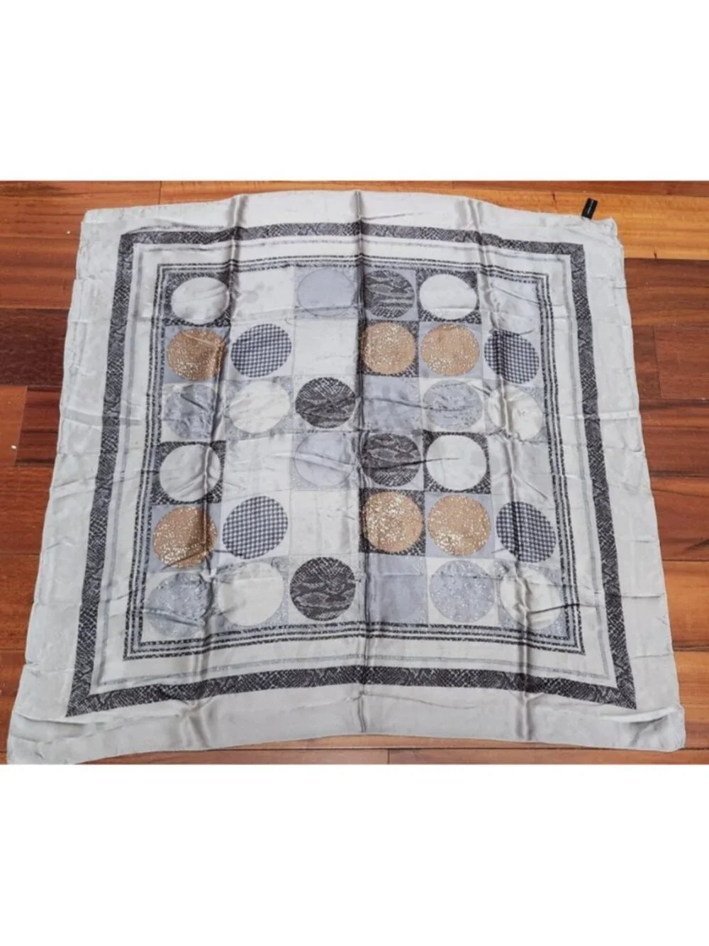 Adrienne Vittadini 100% Silk Scarf 34x34 Gray Tan Geometric Circle Print